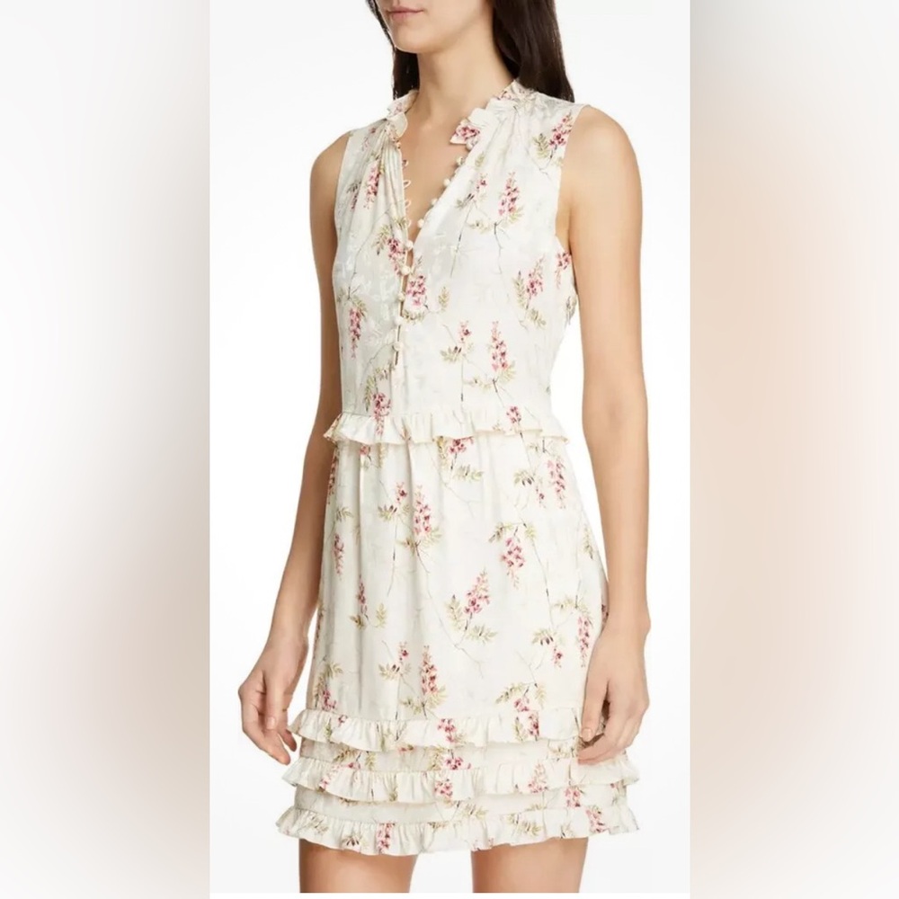 Rebecca Taylor Ivie Floral Ruffle Silk Dress Sz 4 Ivory Floral Summer Bridal EUC